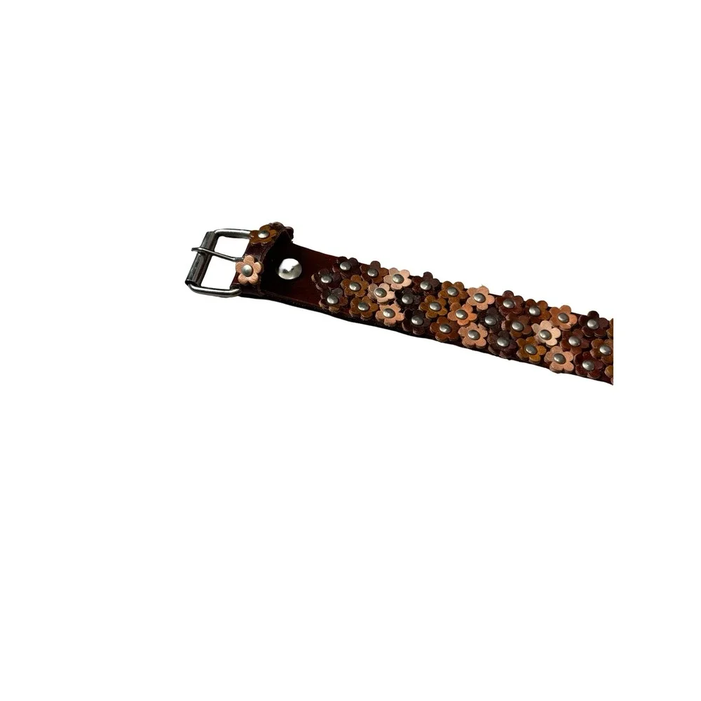 Y2K Brown Leather Floral Studded Belt Large 3D Flower Applique Boho 38in